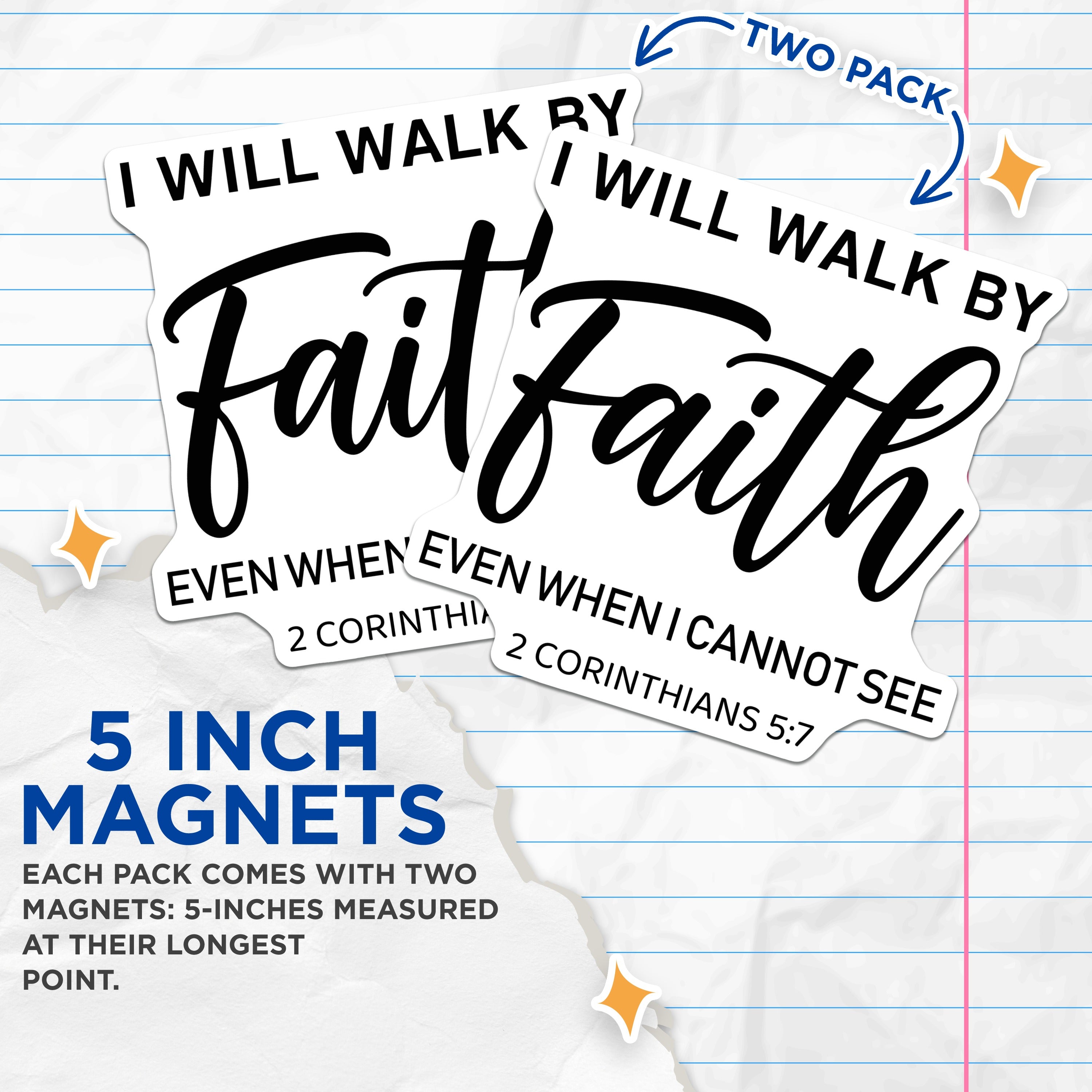 (2 Pack) Faith Magnets - Inspirational Christian Verse Decor - 2 Corinthians 5:7 Scripture Magnets - 5 Inches On Longest Side - Thick Durable Magnet - Made in USA - MAG38579