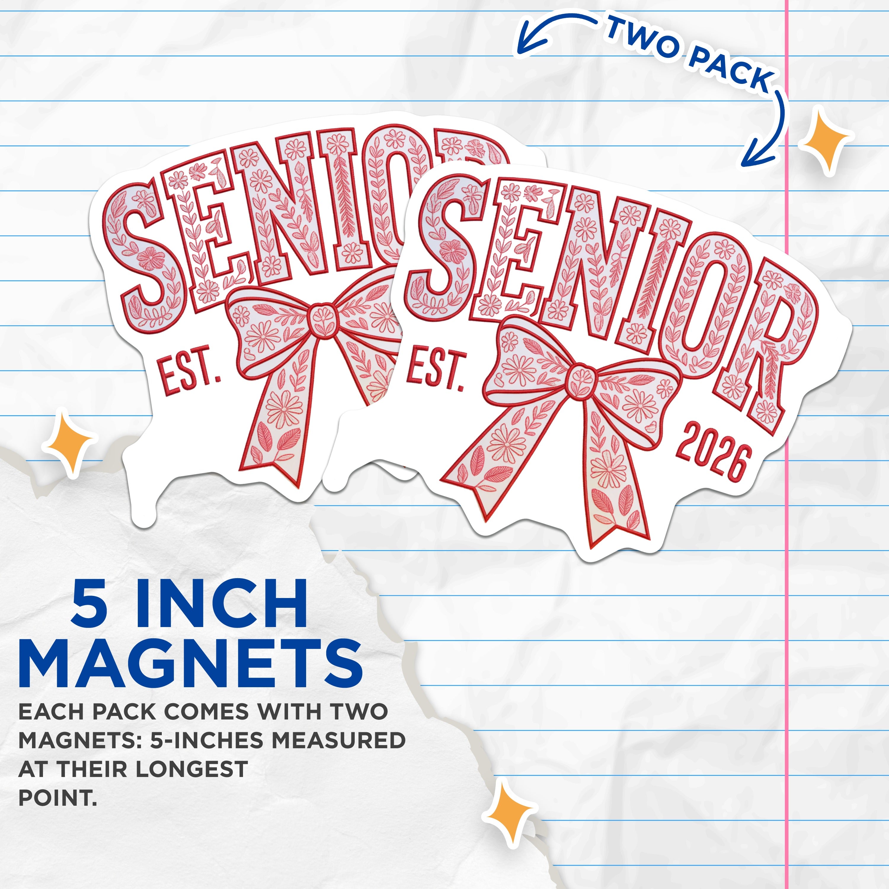 (2 Pack) Senior 2026 Magnets - Class of 2026 Graduation - Folk Floral Student Keepsake - 5 Inches On Longest Side - Thick Durable Magnet - Made in USA - MAG36196