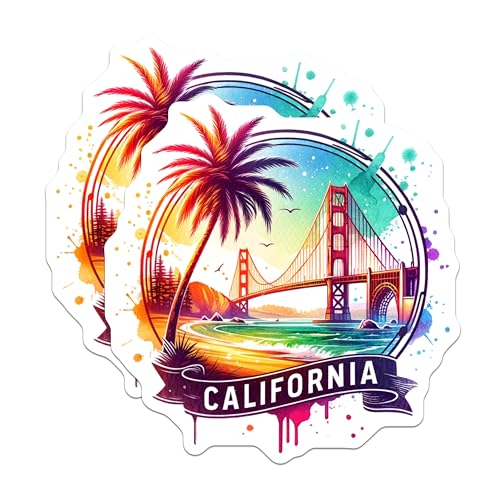 (2 Pack) California Sunset Stickers - Beach Landscape - Golden Gate Bridge Stickers - 5" On Longest Side - Sticks to Smooth Flat Surfaces - Made in USA - BMCS6906