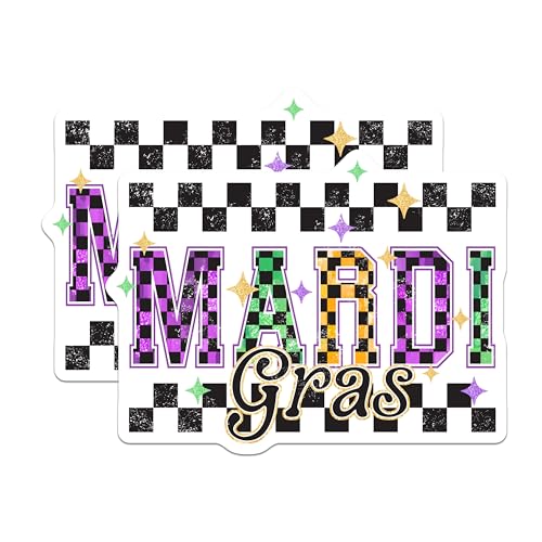 (2 Pack) Mardi Gras Stickers - Checkered Mardi Gras Festive - New Orleans Celebration Decals - 5" On Longest Side - Sticks to Smooth Flat Surfaces - Made in USA - BMCS6383