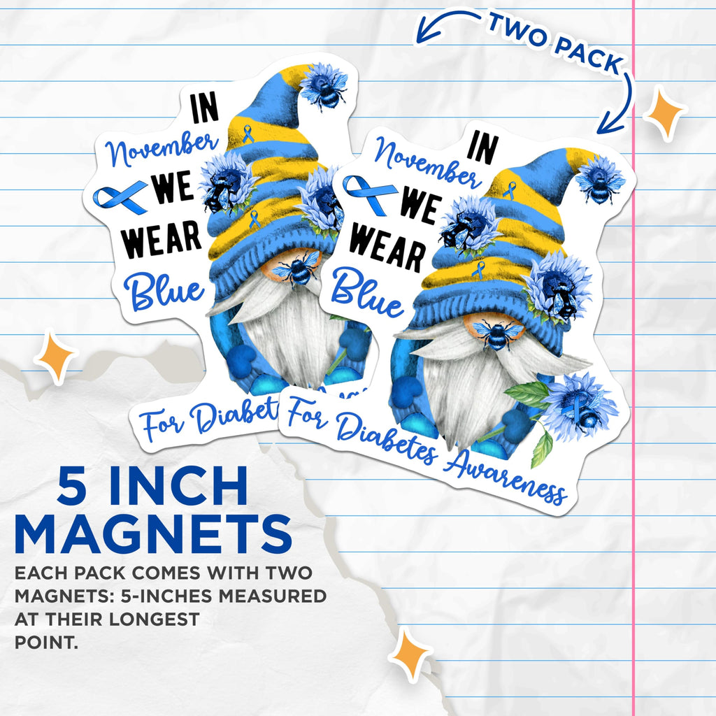 (2 Pack) Diabetes Awareness Gnome Magnets - Blue Ribbon Support - Bee and Flower Art - 5" On Longest Side - Premium Magnet - for Cars, Refrigerators, Toolboxes, Lockers - Made in USA - MAG16952