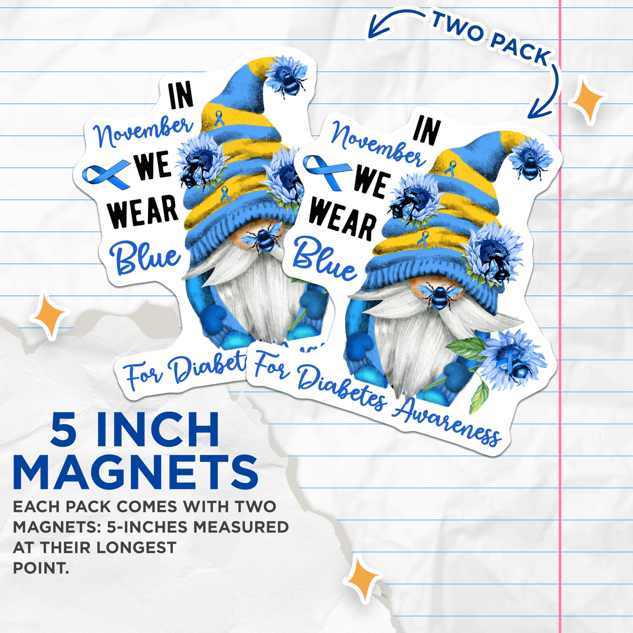 (2 Pack) Diabetes Awareness Gnome Magnets - Blue Ribbon Support - Bee and Flower Art - 5" On Longest Side - Premium Magnet - for Cars, Refrigerators, Toolboxes, Lockers - Made in USA - MAG16952
