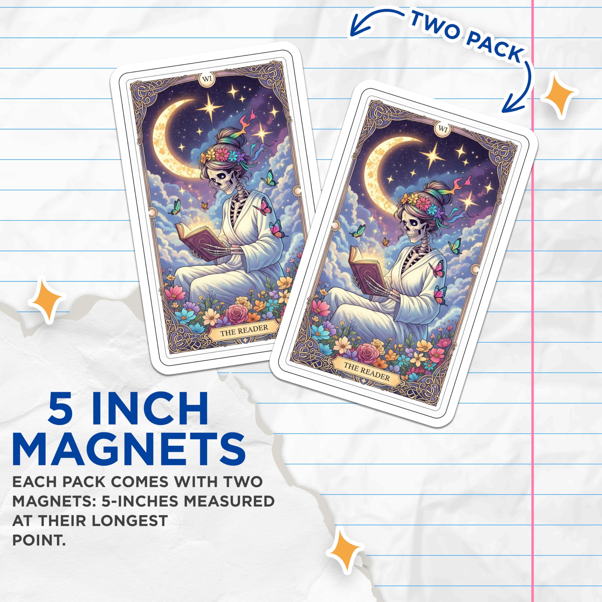(2 Pack) Tarot Card Magnets - The Reader - Skeleton Art Decorations - 5" On Longest Side - Premium Magnet - for Cars, Refrigerators, Toolboxes, Lockers - Made in USA - MAG14475
