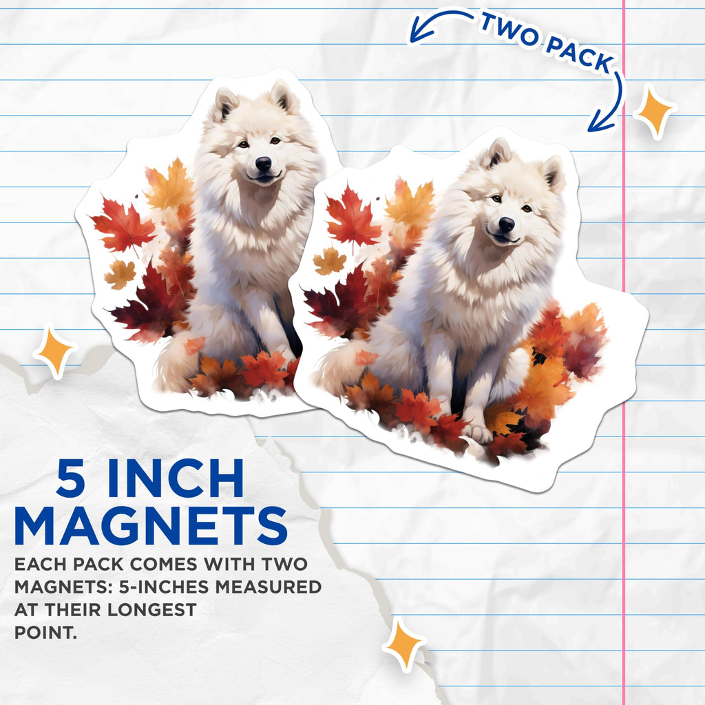 (2 Pack) Samoyed Dog Magnets - Fall Autumn Decor - Pet Lover Refrigerator Magnets - 5 Inches On Longest Side - Thick Durable Magnet - Made in USA - MAG25532