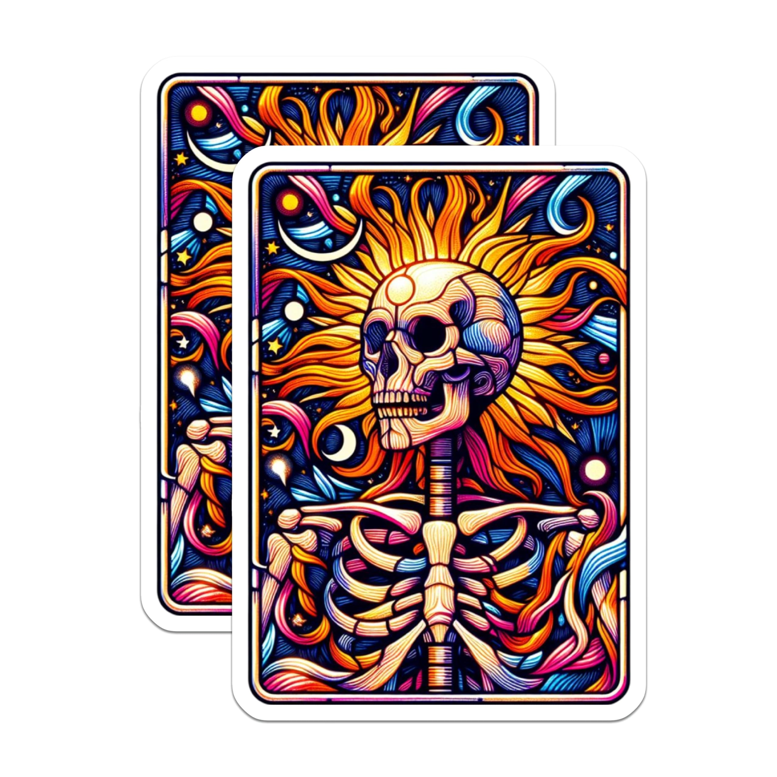 (2 Pack) Psychedelic Skull Magnets - Vibrant Skeleton Art - Celestial Sun Moon Stars Decor - Artistic Fridge Locker Accent - 5 Inches On Longest Side - Thick Durable Magnet - Made in USA - MAG21842