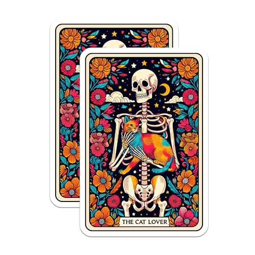(2 Pack) Cat Lover Stickers - Skeleton with Cat Stickers - Floral Skeleton Art Stickers - 5" On Longest Side - Sticks to Smooth Flat Surfaces - Made in USA - BMCS4641