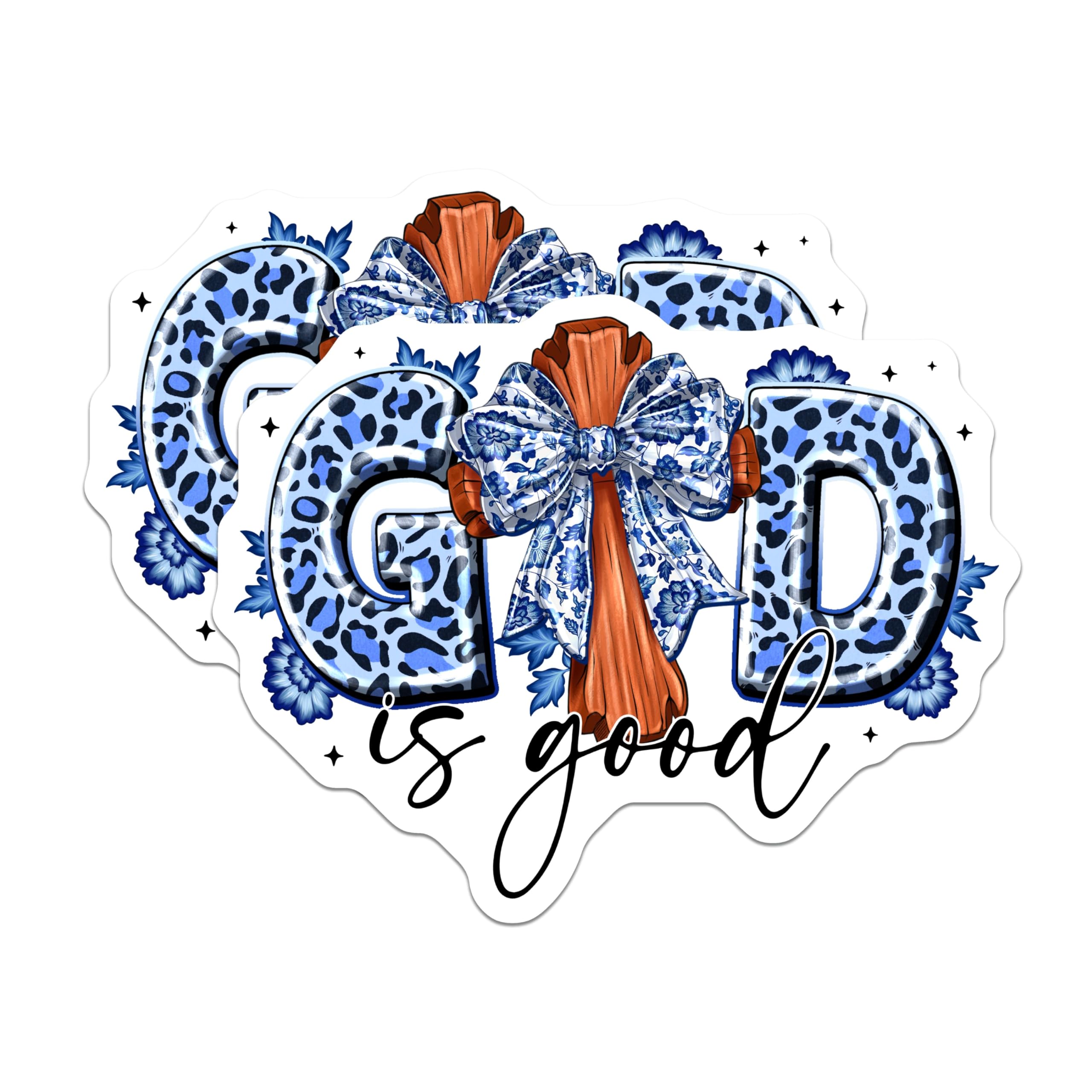 (2 Pack) God is Good Magnets - Christian Faith Decor - Blue Leopard Print Cross - Chinoiserie Floral Bow Accent - 5 Inches On Longest Side - Thick Durable Magnet - Made in USA - MAG24482