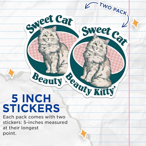 (2 Pack) Sweet Cat Beauty Kitty Stickers - Cute Feline Decal - Cat Lover Gift - 5" On Longest Side - Sticks to Smooth Flat Surfaces - Made in USA - BMCS5920