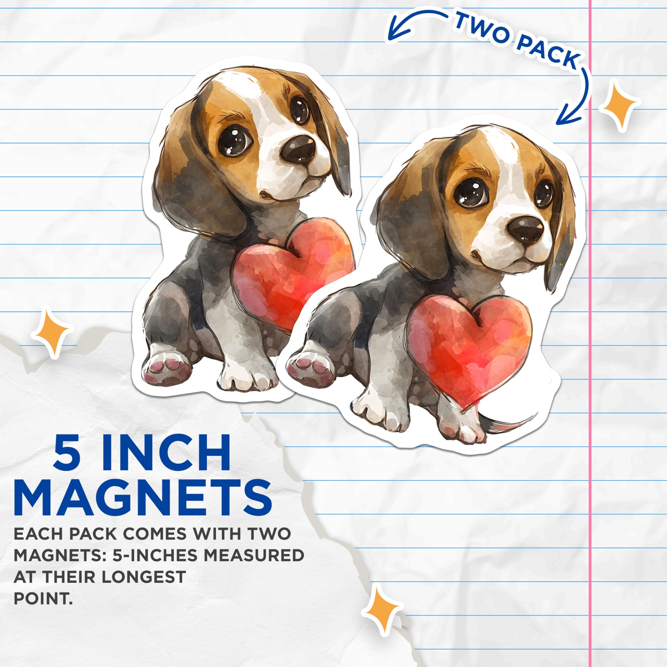 (2 Pack) Beagle Puppy Magnets - Heart Dog Artwork - Refrigerator Decor - 5" On Longest Side - Premium Magnet - for Cars, Refrigerators, Toolboxes, Lockers - Made in USA - MAG16499