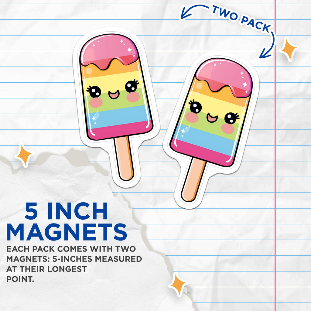 (2 Pack) Kawaii Rainbow Popsicle Magnets - Cute Ice Cream Bar - Colorful Fridge Decor Locker Fun - 5 Inches On Longest Side - Thick Durable Magnet - Made in USA - MAG36908