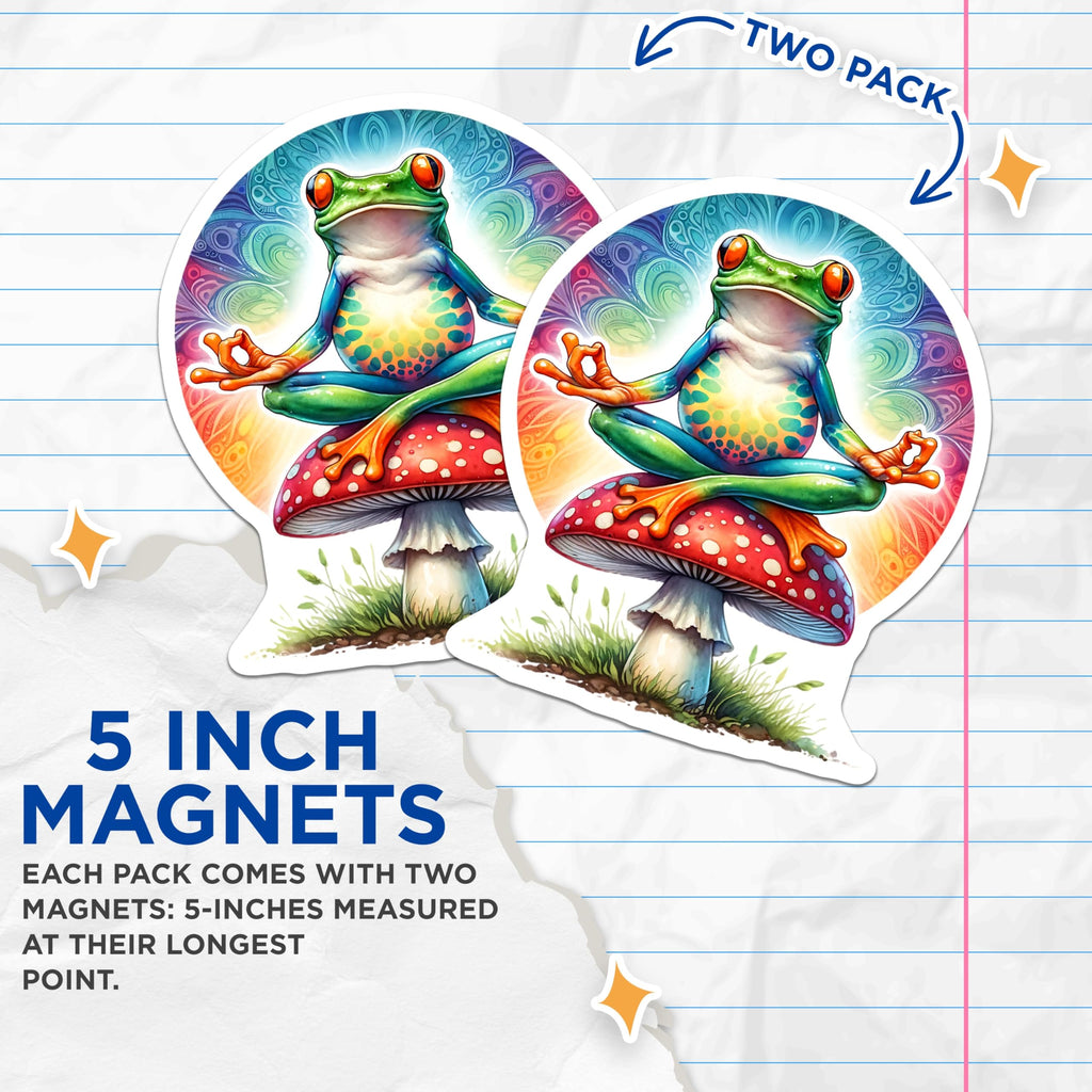 (2 Pack) Yoga Frog Magnets - Mushroom Decor - Zen Frog Refrigerator Magnets - 5" On Longest Side - Premium Magnet - for Cars, Refrigerators, Toolboxes, Lockers - Made in USA - MAG16855