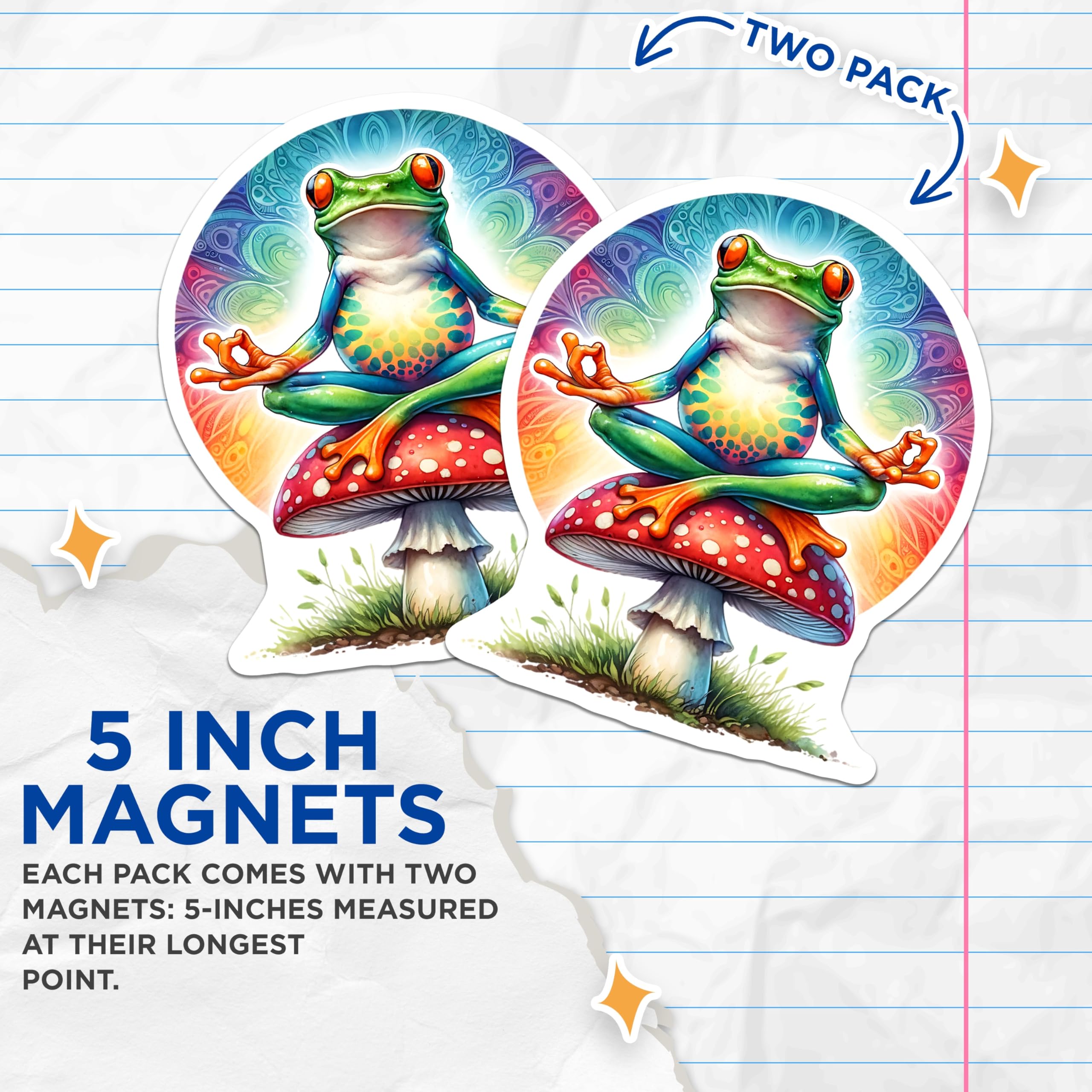(2 Pack) Yoga Frog Magnets - Mushroom Decor - Zen Frog Refrigerator Magnets - 5" On Longest Side - Premium Magnet - for Cars, Refrigerators, Toolboxes, Lockers - Made in USA - MAG16855