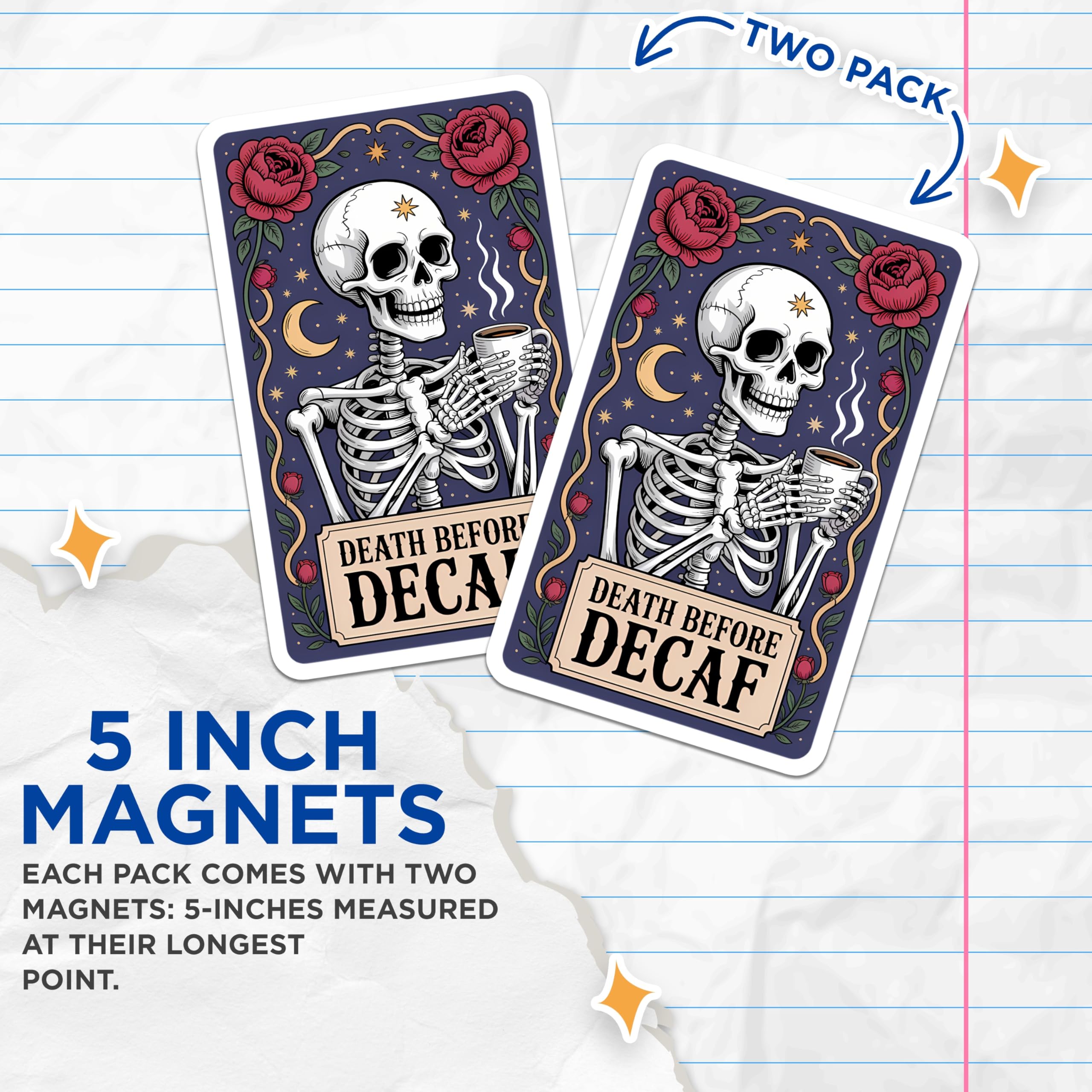 (2 Pack) Skeleton Coffee Magnets - Death Before Decaf Decor - Funny Coffee Lover Accent - 5 Inches On Longest Side - Thick Durable Magnet - Made in USA - MAG21003