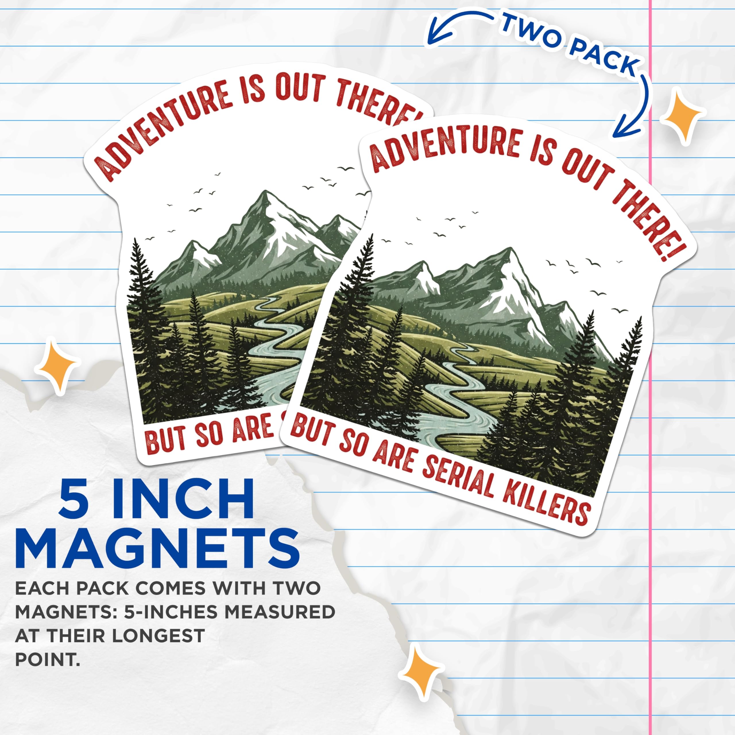 (2 Pack) Adventure Awaits Magnets - Funny Outdoor Humor - Cautionary Magnet - 5" On Longest Side - Premium Magnet - for Cars, Refrigerators, Toolboxes, Lockers - Made in USA - MAG15601