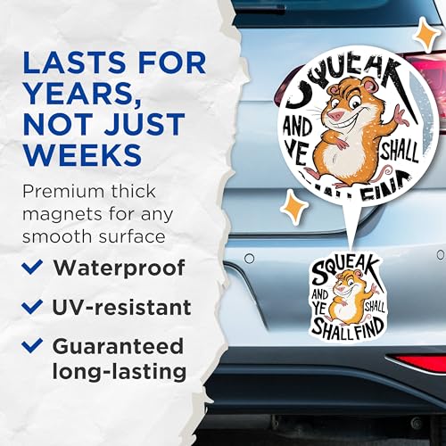 (2 Pack) Squeak and Ye Shall Find Magnets - Fun Hamster Magnet - Quirky Fridge Magnets - 5" On Longest Side - for Cars, Fridges, Toolboxes - Made in USA - MAG4082