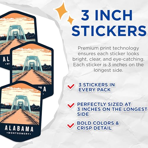 (3 Pack) Alabama Montgomery Decals - Edmund Pettus Bridge - State Pride - 3 Inches On Longest Side - Easy Peel & Apply - Made in USA - 3MCS0342