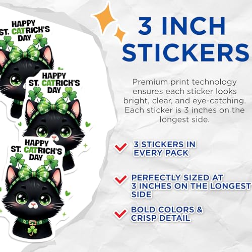 (3 Pack) St Patricks Day Cat Decals - Lucky Cat - Catrick's Day Stickers - 3 Inches On Longest Side - Easy Peel & Apply - Made in USA - 3MCS6864