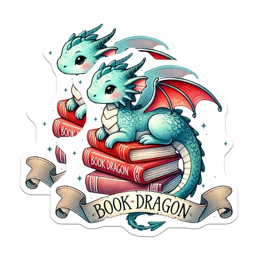 (2 Pack) Cute Book Dragon Stickers - Fantasy Book Lover - Dragon Reading Decal - 5" On Longest Side - Sticks to Smooth Flat Surfaces - Made in USA - BMCS7256