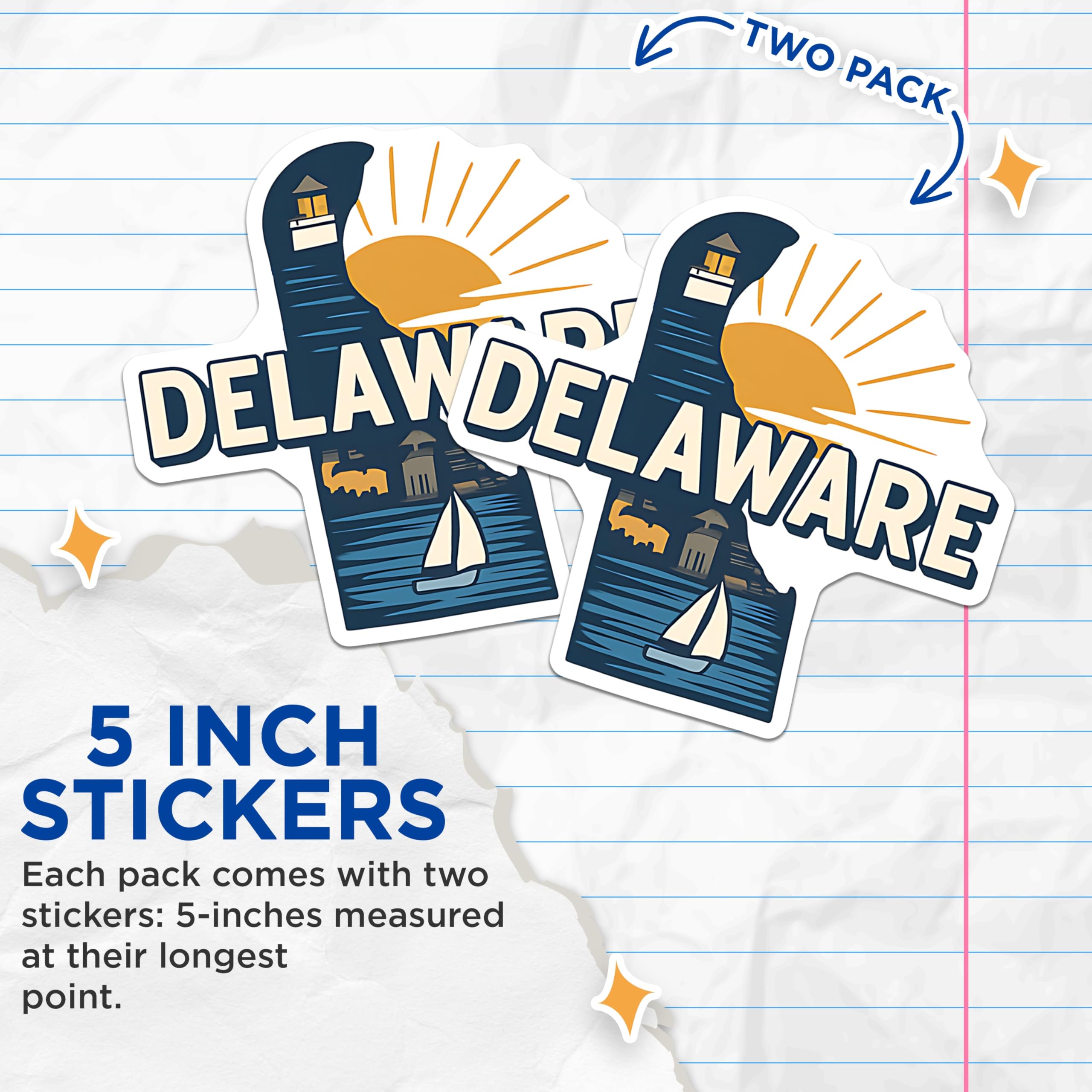 (2 Pack) Delaware Stickers - State Pride - Travel Souvenir - 5" On Longest Side - Sticks to Smooth Flat Surfaces - Made in USA - BMCS18114