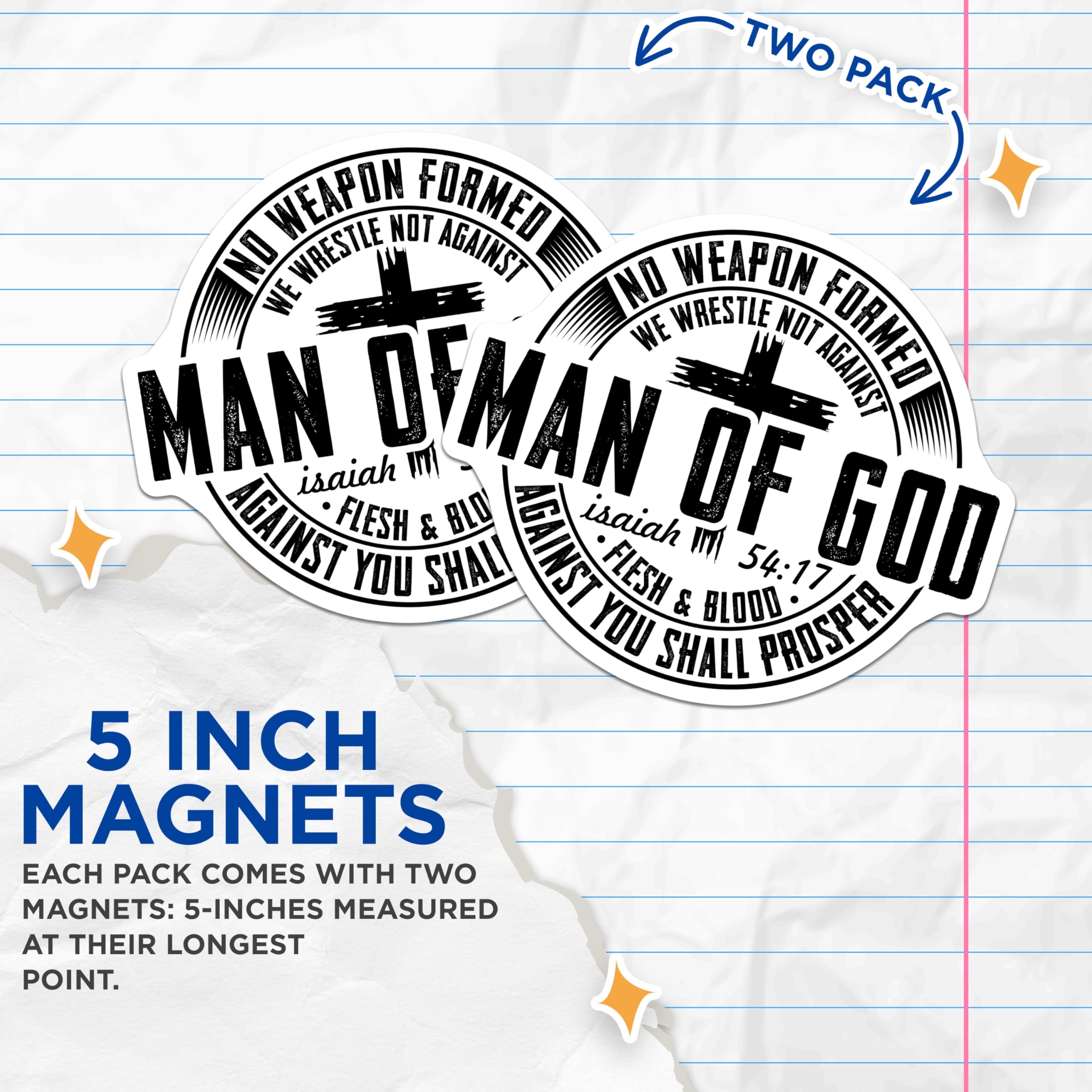 (2 Pack) Man of God Magnets - Christian Faith Scripture - Isaiah 54:17 Bible Verse Inspirational Decor - 5 Inches On Longest Side - Thick Durable Magnet - Made in USA - MAG20064
