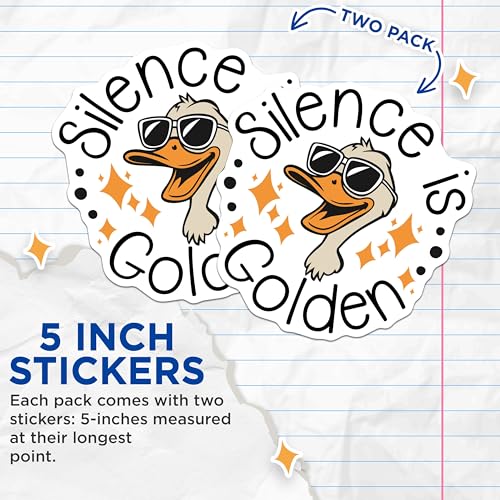 (2 Pack) Silence is Golden Stickers - Funny Duck Stickers - Sarcastic Quotes Stickers - 5" On Longest Side - Sticks to Smooth Flat Surfaces - Made in USA - BMCS4647