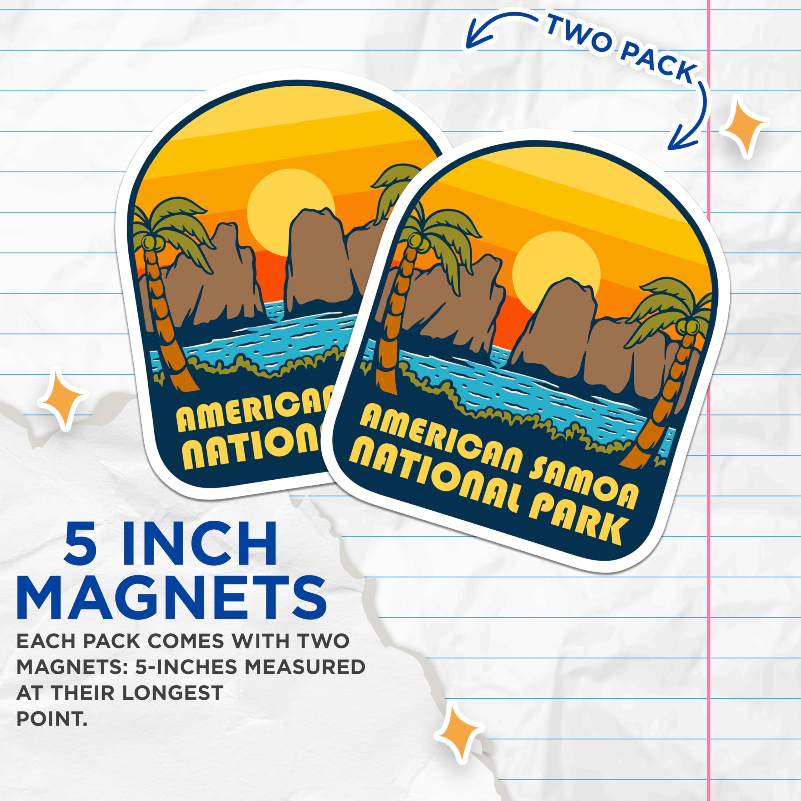 (2 Pack) American Samoa Magnets - National Park Souvenir - Retro Sunset Landscape - 5" On Longest Side - Premium Magnet - for Cars, Refrigerators, Toolboxes, Lockers - Made in USA - MAG18598