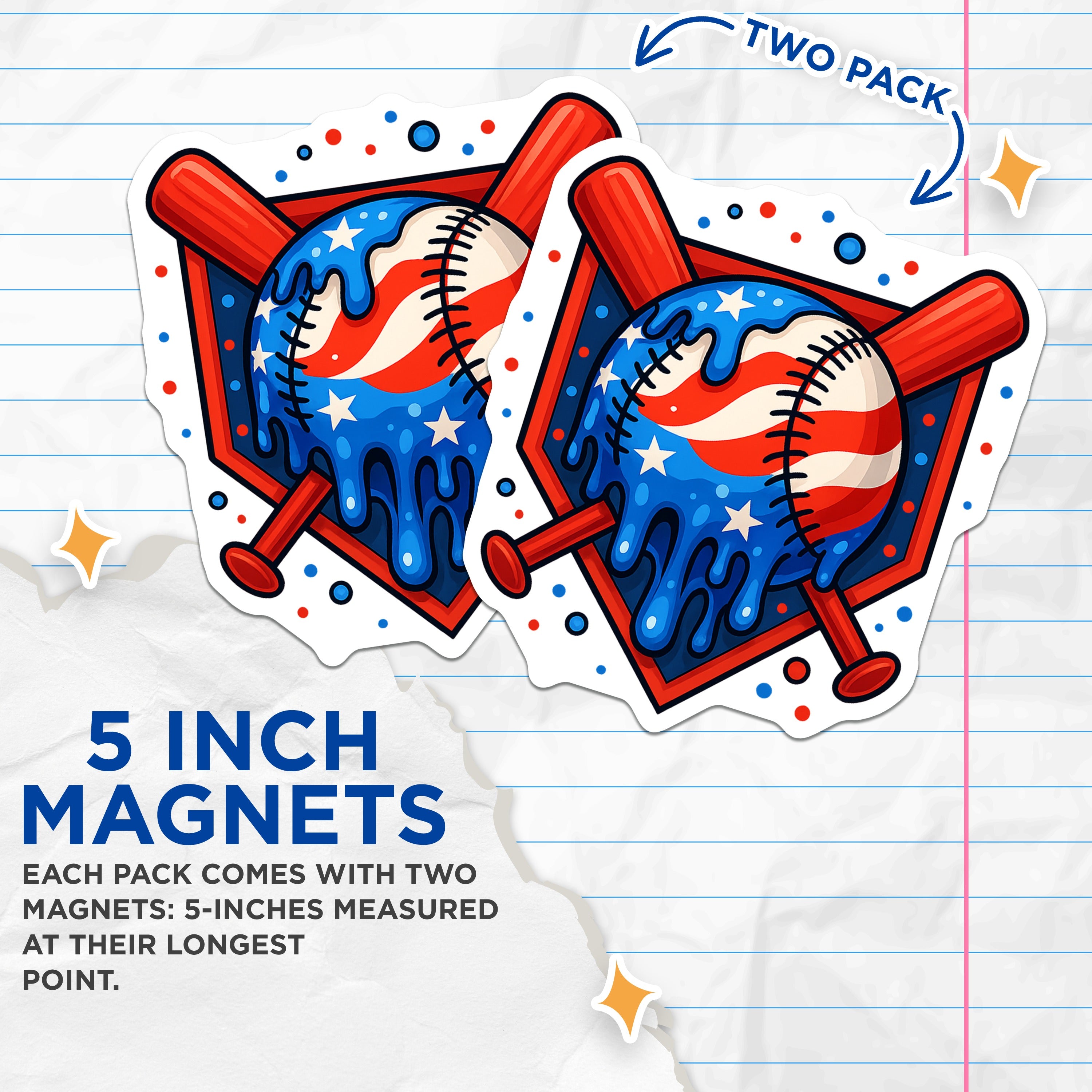 (2 Pack) American Flag Baseball Magnets - Patriotic Sports Decor - Fourth of July Fridge Accent - 5 Inches On Longest Side - Thick Durable Magnet - Made in USA - MAG39816