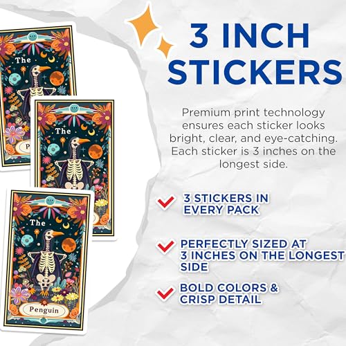 (3 Pack) Penguin Skeleton Decals - Floral Penguin Art - Unique Laptop Decals - 3 Inches On Longest Side - Easy Peel & Apply - Made in USA - 3MCS2482