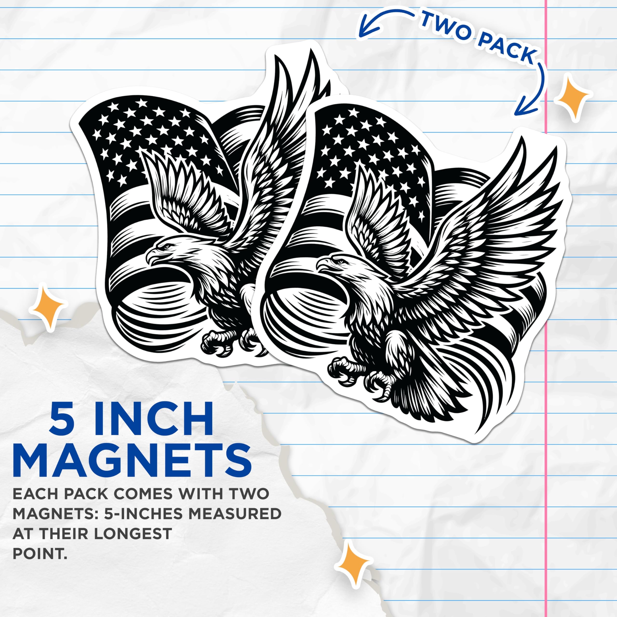 (2 Pack) Eagle Flag Magnets - American Pride - Patriotic Fridge Decorations - 5" On Longest Side - Premium Magnet - for Cars, Refrigerators, Toolboxes, Lockers - Made in USA - MAG16520