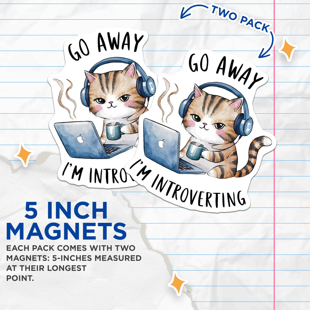 (2 Pack) Go Away I'm Introverting Magnets - Funny Cat Magnets - Introvert Decor Magnets - 5" On Longest Side - for Cars, Refrigerators, Toolboxes, Lockers - Made in USA BMCS3457