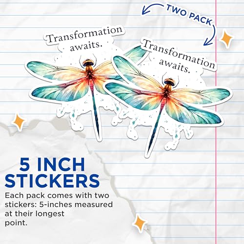 (2 Pack) Dragonfly Inspirational Stickers - Transformation Awaits - Motivational Quote Nature - 5" On Longest Side - Sticks to Any Smooth Flat Surface - Made in USA - BMCS2693