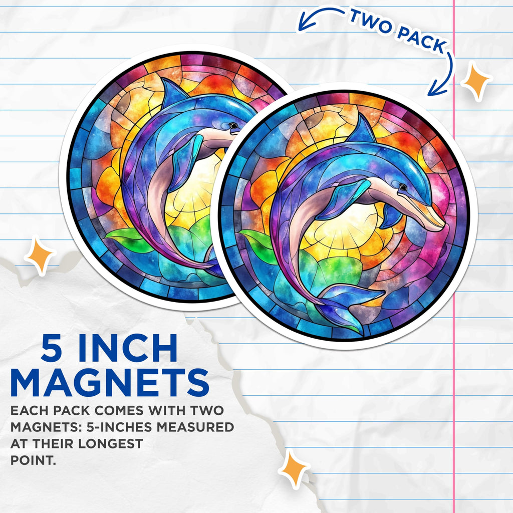 (2 Pack) Stained Glass Dolphin Magnets - Vibrant Ocean Animal Art - Colorful Marine Life Decor - 5 Inches On Longest Side - Thick Durable Magnet - Made in USA - MAG23486