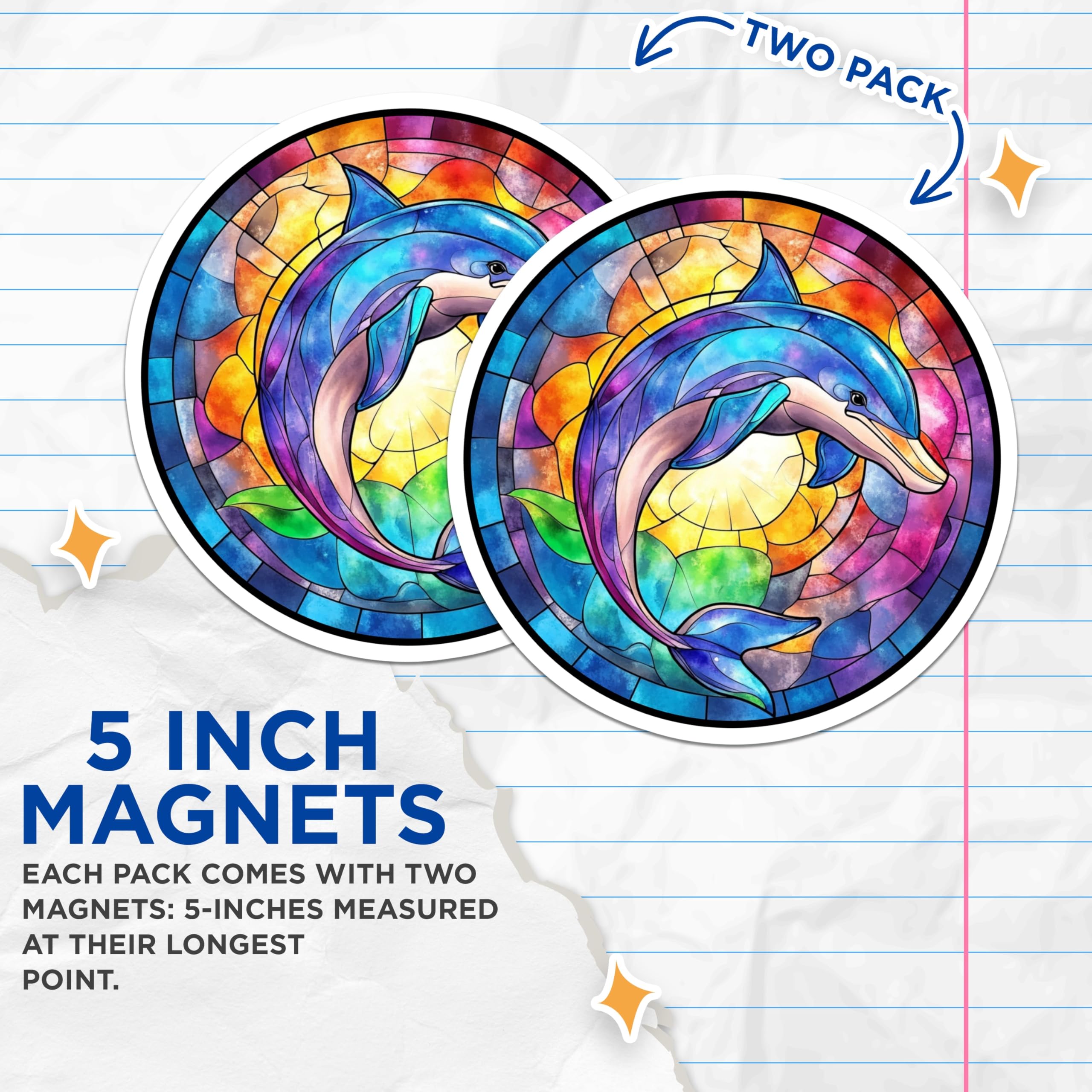 (2 Pack) Stained Glass Dolphin Magnets - Vibrant Ocean Animal Art - Colorful Marine Life Decor - 5 Inches On Longest Side - Thick Durable Magnet - Made in USA - MAG23486