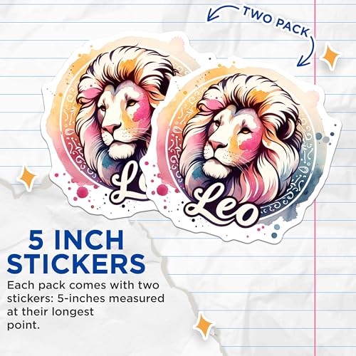 (2 Pack) Zodiac Leo Stickers - Astrology Art - Horoscope Design - 5" On Longest Side - Sticks to Smooth Flat Surfaces - Made in USA - BMCS7079