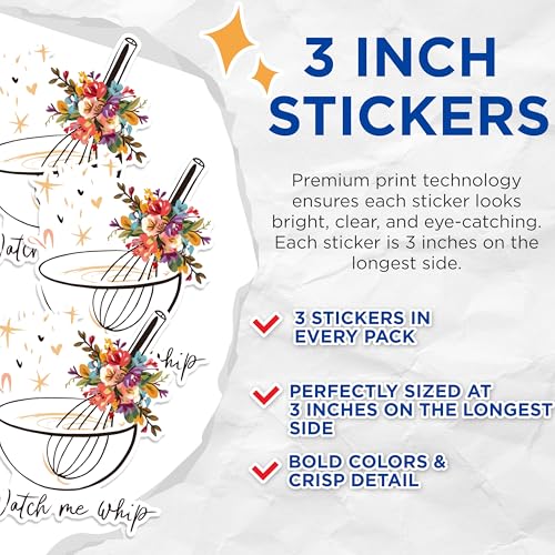 (3 Pack) Watch Me Whip Decals - Floral Baking - Kitchen Decal - 3 Inches On Longest Side - Easy Peel & Apply - Made in USA - 3MCS1837