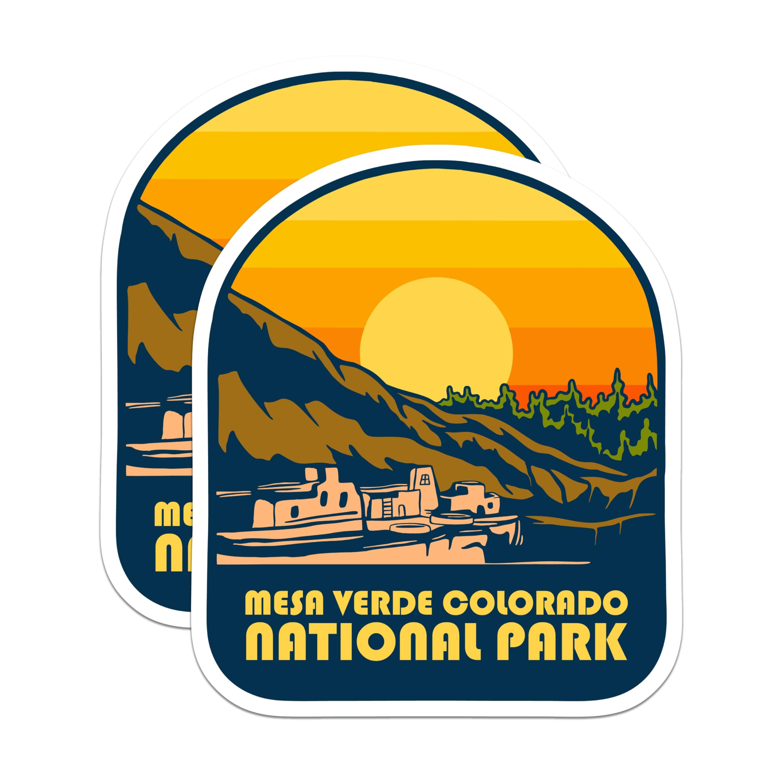 (2 Pack) Mesa Verde Colorado National Park Magnets - Ancient Pueblo Cliff Dwellings - Retro Sunset Scenic Art - 5 Inches On Longest Side - Thick Durable Magnet - Made in USA - MAG19175