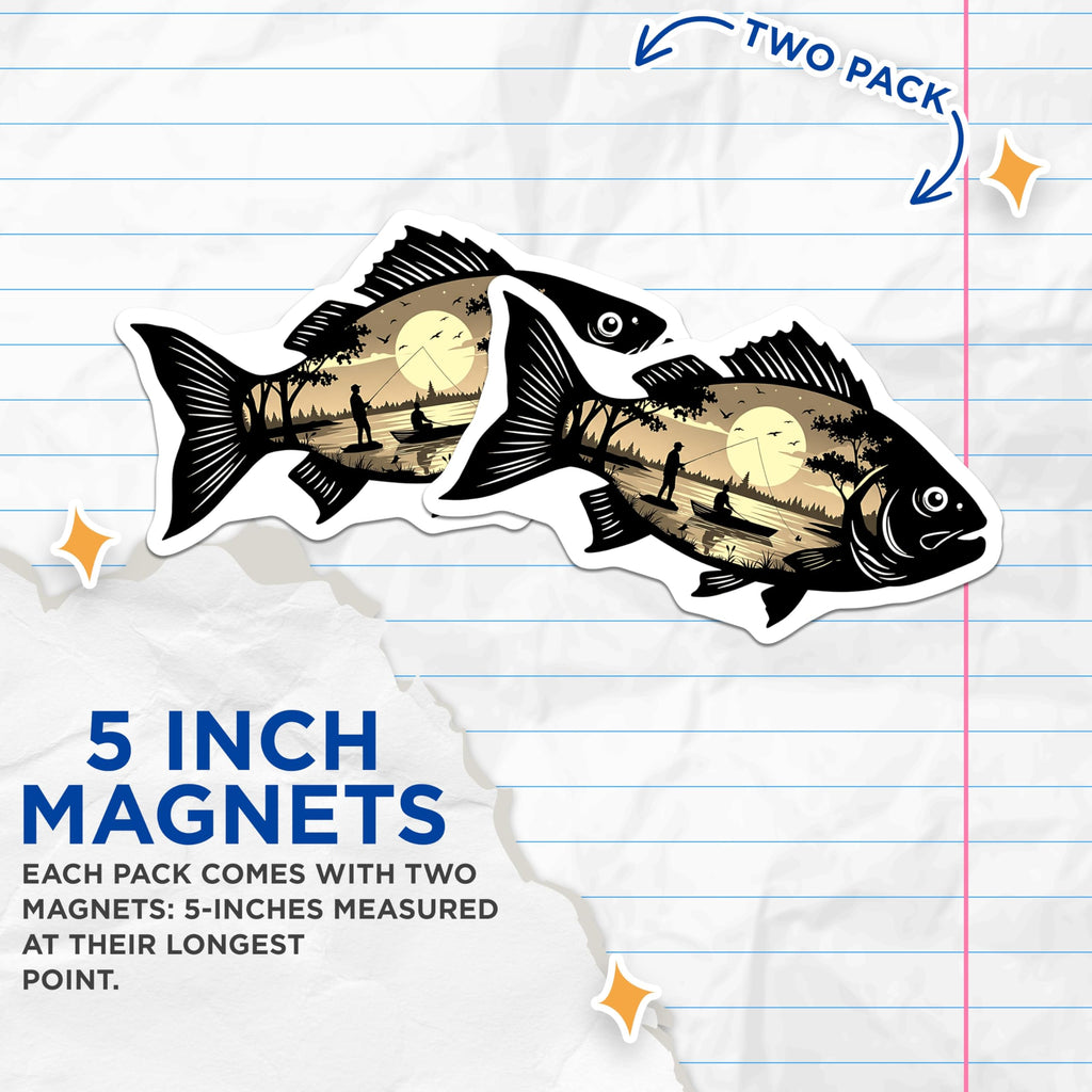 (2 Pack) Fish Silhouette Magnets - Sunset Fishing Scene - Outdoor Angler Refrigerator Decoration - 5 Inches On Longest Side - Thick Durable Magnet - Made in USA - MAG22131
