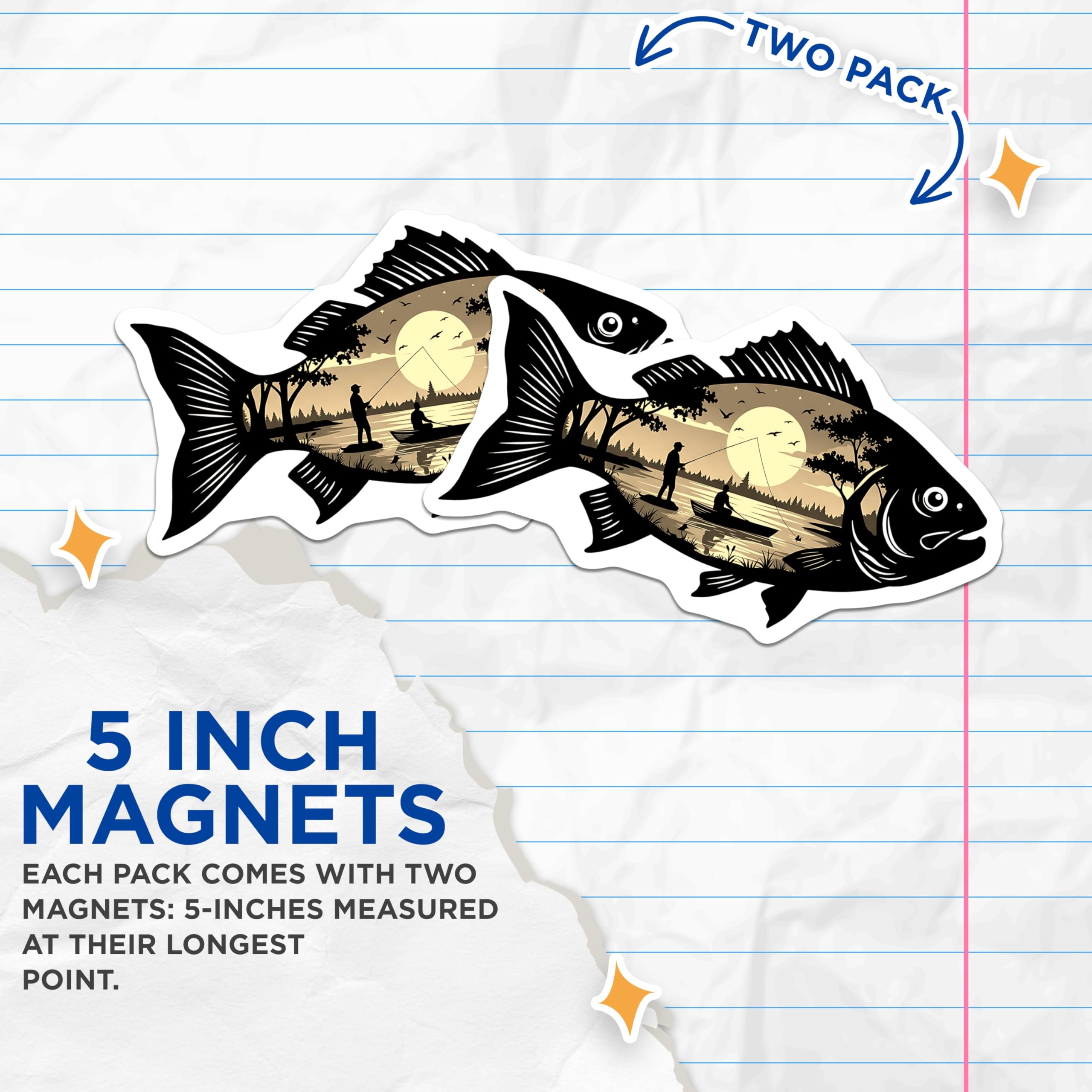 (2 Pack) Fish Silhouette Magnets - Sunset Fishing Scene - Outdoor Angler Refrigerator Decoration - 5 Inches On Longest Side - Thick Durable Magnet - Made in USA - MAG22131