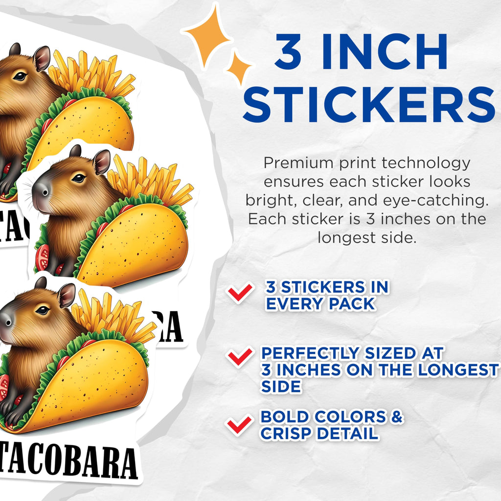 (3 Pack) Tacobara Decals - Capybara Taco Sticker - Funny Laptop Decals - 3 Inches On Longest Side - Easy Peel & Apply - Made in USA - 3MCS2524