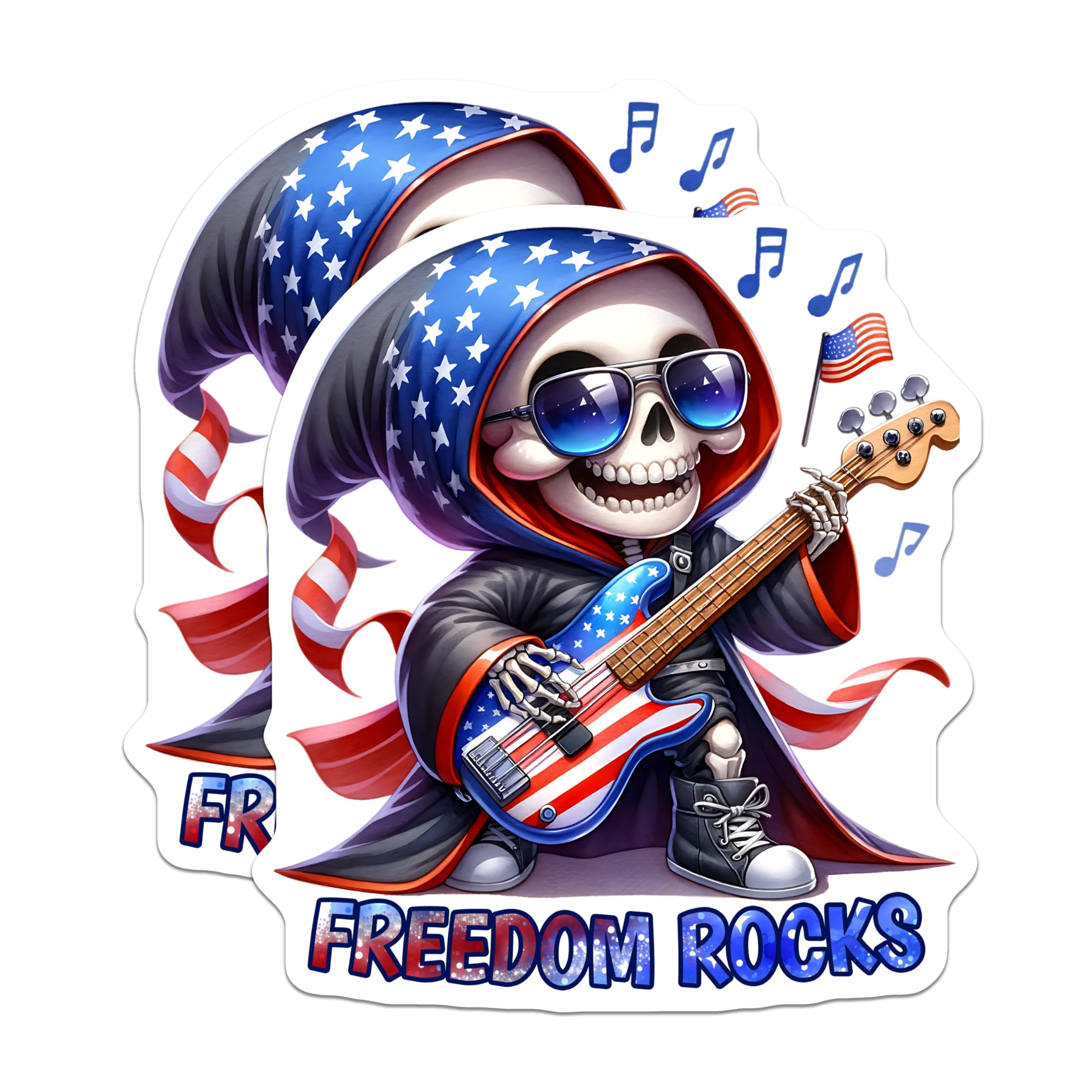 (2 Pack) Freedom Rocks Magnets - Patriotic Skeleton Playing Guitar - American Flag Music Decor - 5" On Longest Side - for Cars, Fridges, Toolboxes - Made in USA - MAG7918