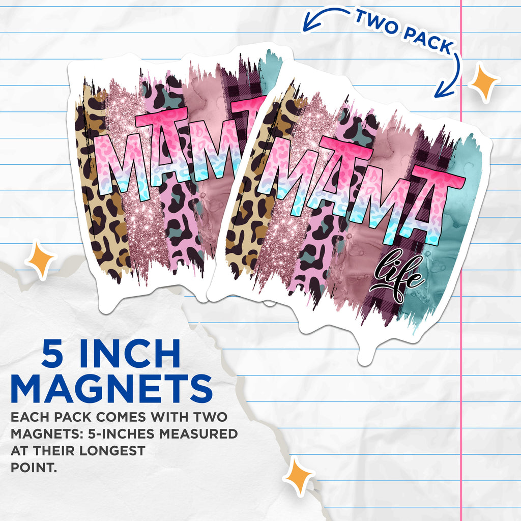 (2 Pack) Mama Life Magnets - Trendy Leopard Print - Faux Glitter Mom Decor - Mother's Day New Mom Refrigerator Magnet - 5 Inches On Longest Side - Thick Durable Magnet - Made in USA - MAG38240