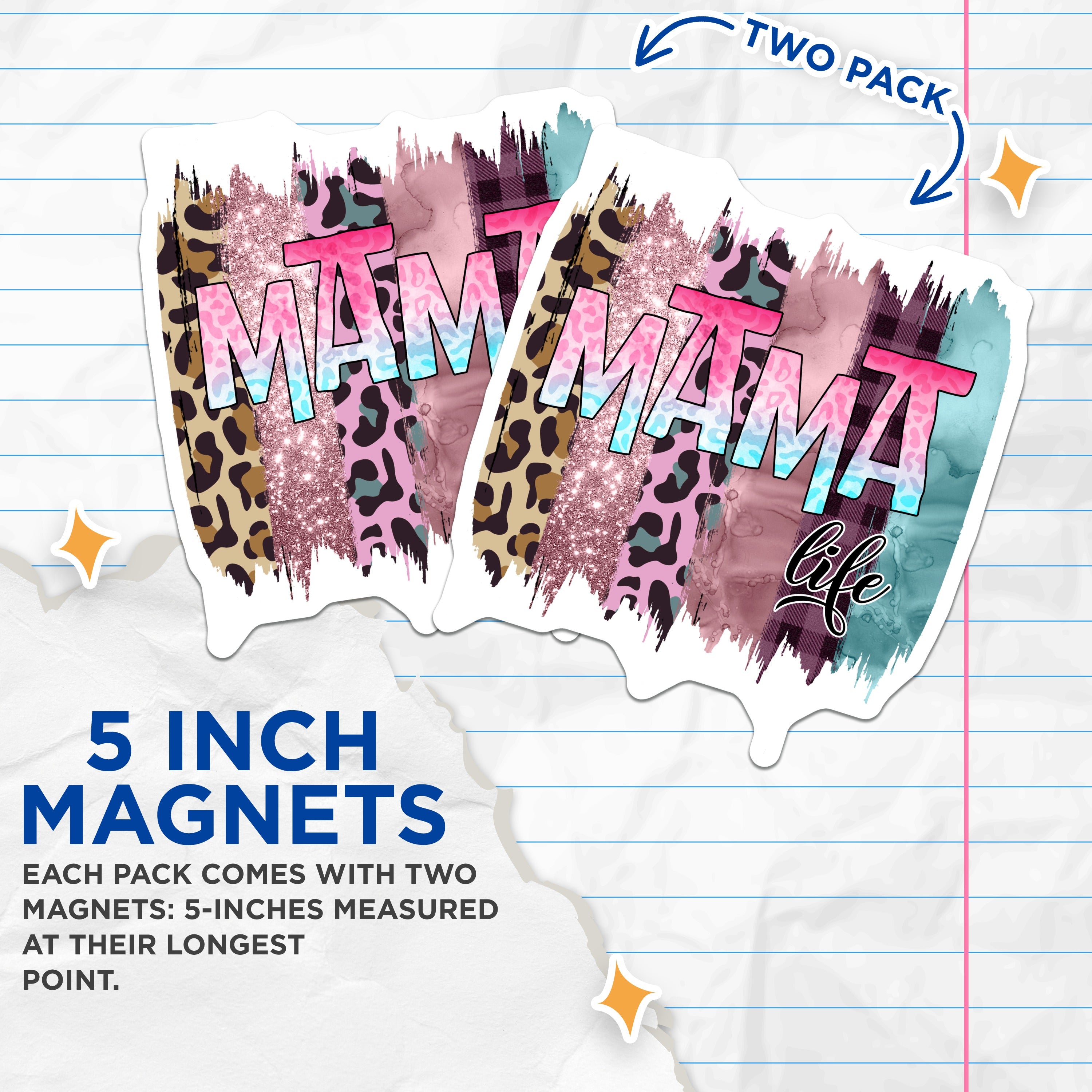 (2 Pack) Mama Life Magnets - Trendy Leopard Print - Faux Glitter Mom Decor - Mother's Day New Mom Refrigerator Magnet - 5 Inches On Longest Side - Thick Durable Magnet - Made in USA - MAG38240