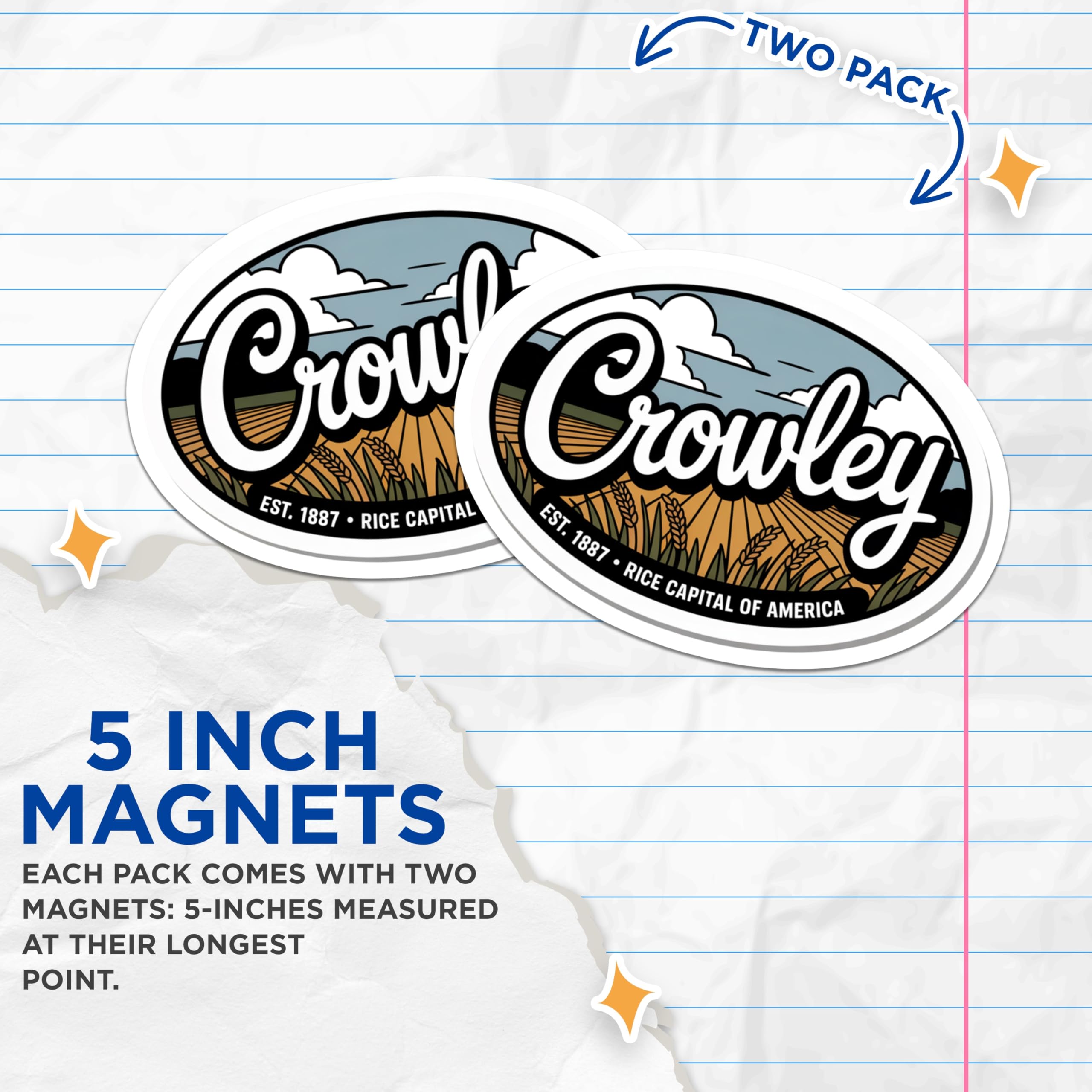 (2 Pack) Crowley Louisiana Magnets - Rice Capital USA - Souvenir Magnets - 5" On Longest Side - Premium Magnet - for Cars, Refrigerators, Toolboxes, Lockers - Made in USA - MAG18989