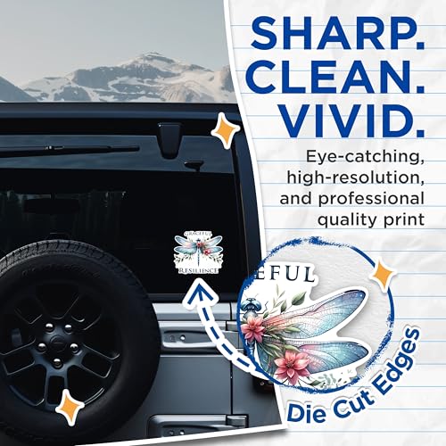 (2 Pack) Dragonfly Graceful Resilience Stickers - Motivational Floral Dragonfly - 5" On Longest Side - Sticks to Any Smooth Flat Surface - Made in USA - BMCS2679