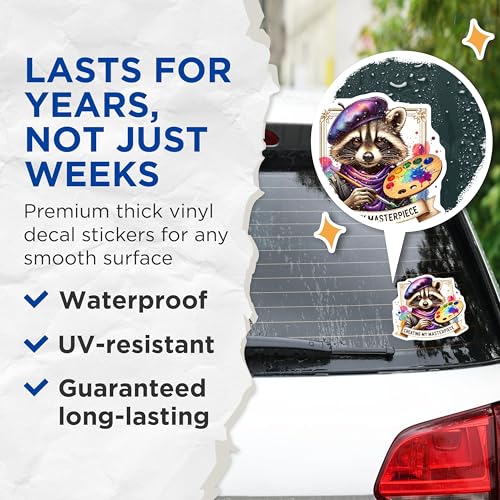 (2 Pack) Creating My Masterpiece Raccoon Stickers - Artist Animal Stickers - Watercolor Palette Stickers for Art Lovers - 5" On Longest Side - Sticks to Smooth Flat Surfaces - Made in USA - BMCS4535