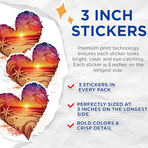 (3 Pack) Ocean Heart Decals - Beach Sunset - Coastal Art Decals - 3 Inches On Longest Side - Easy Peel & Apply - Made in USA - 3MCS1649