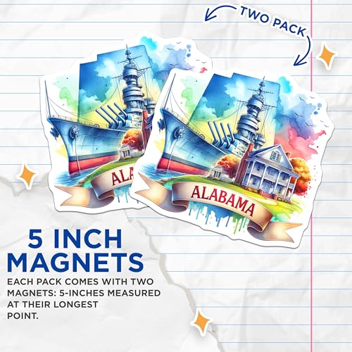 (2 Pack) Alabama Souvenir Magnets - Historic Ship Magnet - United States Travel Memorable Magnet - Scenic Alabama Landmarks - 5" On Longest Side - for Cars, Fridges, Toolboxes - Made in USA - MAG6671