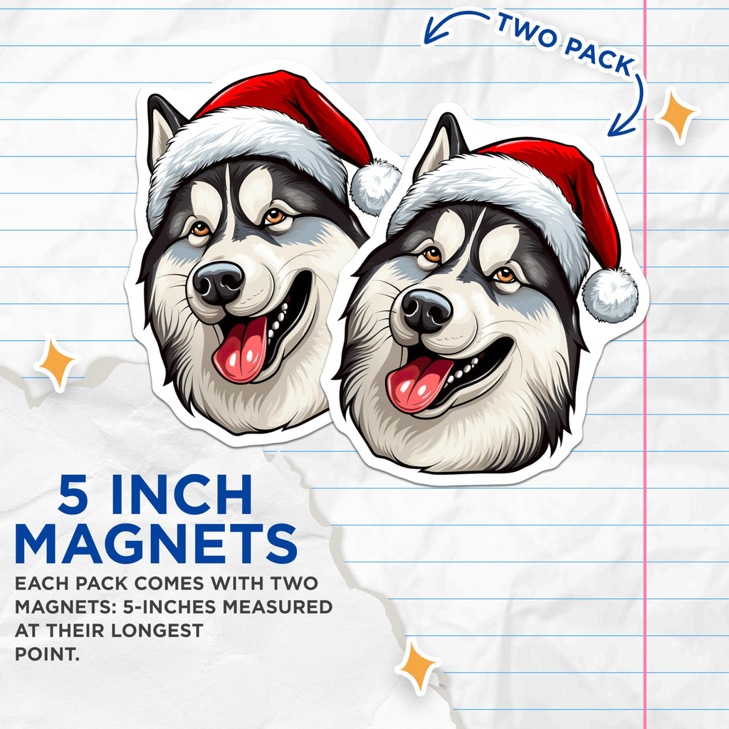 (2 Pack) Siberian Husky Magnets - Festive Christmas Dog Decor - Adorable Santa Hat Pet Head - Holiday Animal Lover Collection - 5 Inches On Longest Side - Thick Durable Magnet - Made in USA - MAG24598