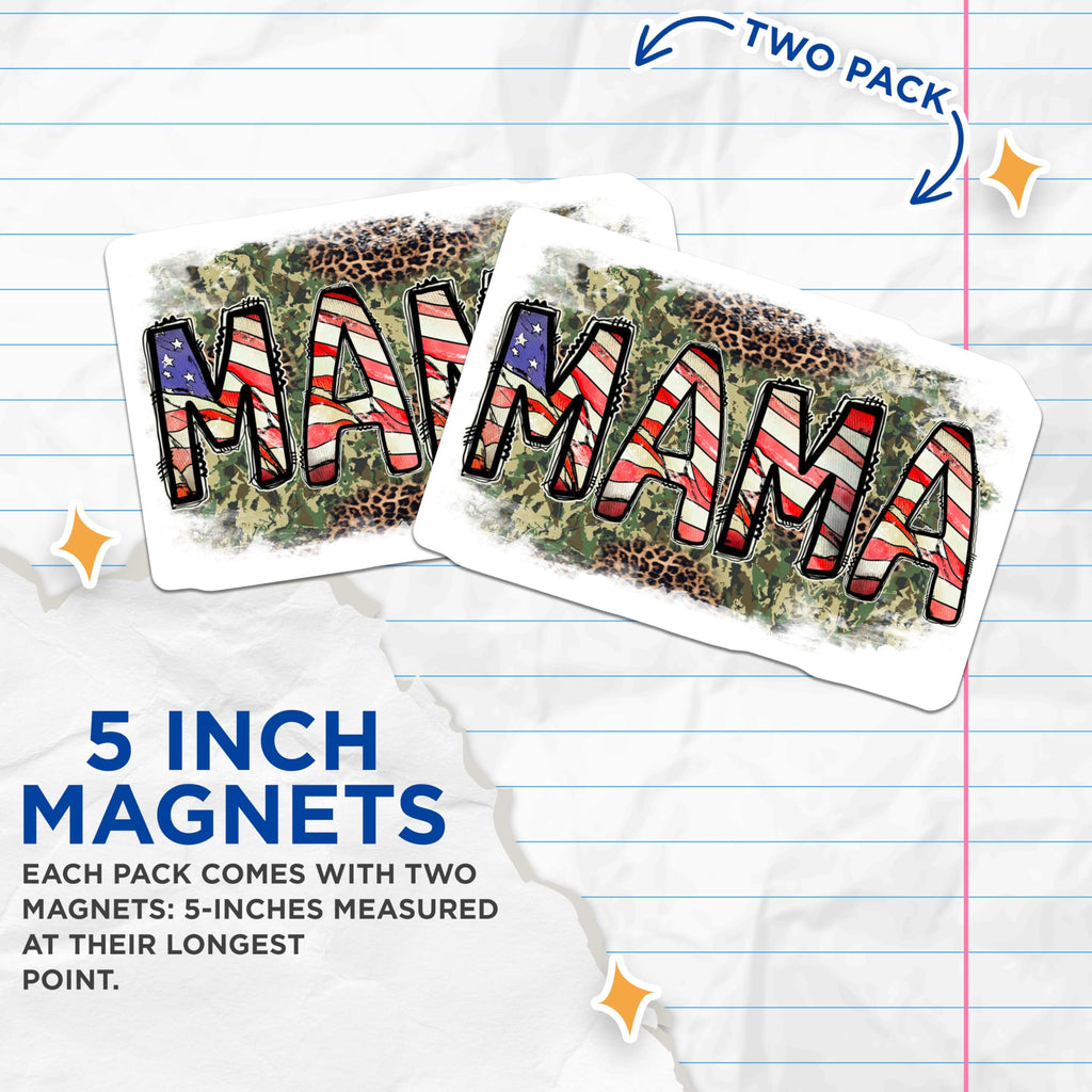(2 Pack) Mama Magnets - Patriotic American Flag - Camouflage Leopard Print - Military Mom USA - 5 Inches On Longest Side - Thick Durable Magnet - Made in USA - MAG24610