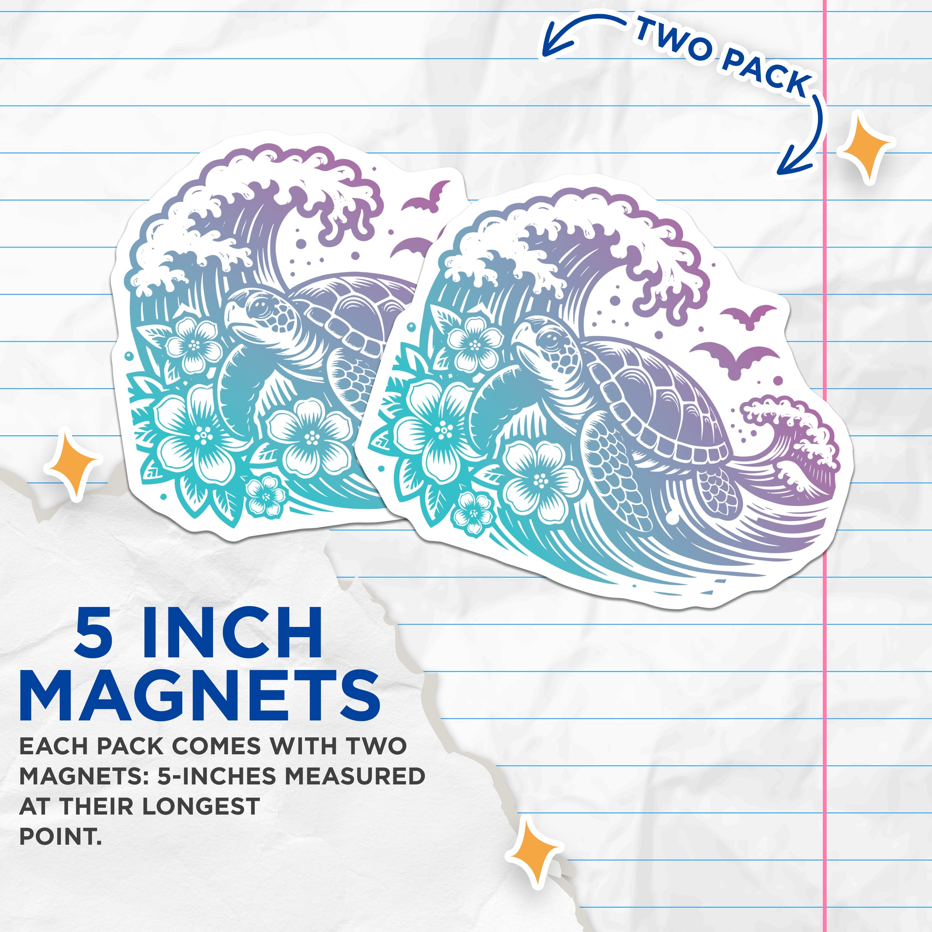 (2 Pack) Sea Turtle Magnets - Ocean Wave Decor - Tropical Beach Aesthetic Fridge Accent - 5 Inches On Longest Side - Thick Durable Magnet - Made in USA - MAG37881